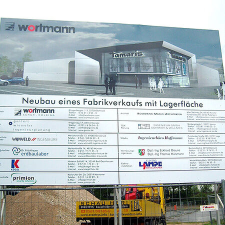 Außenwerbung: Bauschild. Produziert von BERTELMANN aus Bünde, in NRW.